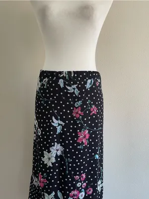 Floral Polka Dot Midi Skirt - Black with Pink & Mint Flowers Size XL thumbnail 2