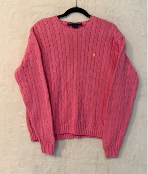 Ralph Lauren Sport Cable Knit Sweater Womens XL Pink Cotton Crew Neck Pullover thumbnail 1