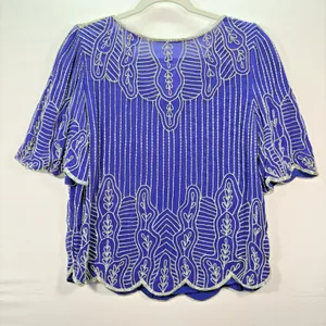 Vintage Royal Blue‎ Silk Beaded Blouse Silver Bugle Bead Scalloped Hem Top Small thumbnail 2