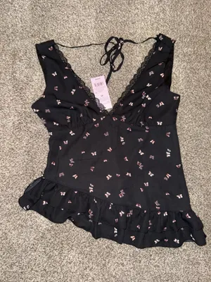 Wild Fable Butterfly Print Asymmetrical Ruffle Hem Top thumbnail 1