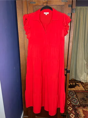 Umgee Tiered Flutter Sleeve Midi Dress Tomato Red Boho Cottagecore Casual S thumbnail 3