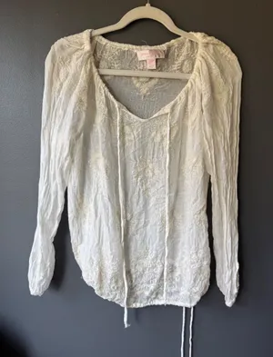 Gharani Strok White Embroidered Sheer Long Sleeve Blouse Size Small thumbnail 1