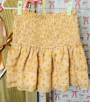 Storia Peach Orange Gold Daisy Floral Smocked Ruffled Tier Summer Mini Skirt M thumbnail 1