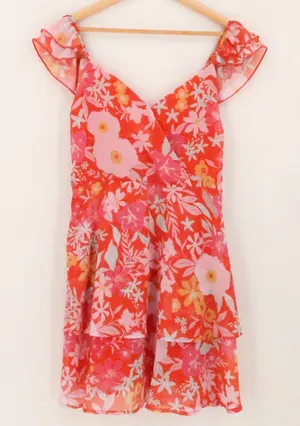 North End Floral Ruffle Tiered Chiffon Mini Dress Womens Size M Red Pink Boho Tropical Ga thumbnail 1