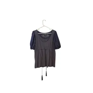 Anthropologie Deletta Elegant Blue puff sleeve belted tassle Top silk cotton thumbnail 6