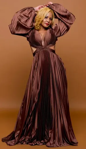Ieena for Mac Duggal Brown Long Sleeve Pleated Full Skirt Cut Out Sides Gown 6 thumbnail 1