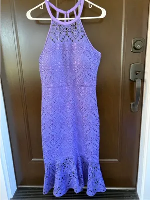 NWT GUESS Geo Lace Flounce Hem Dress Violet Size 8 thumbnail 4