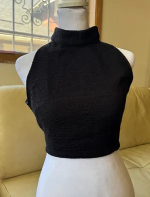 Zara Black Textured Tweed High Neck Crop Top Halter‎ Side Zip Size M thumbnail 1