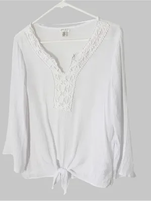 SPENSE Eyelet Lace Accent Tie Front Top White Size L thumbnail 5