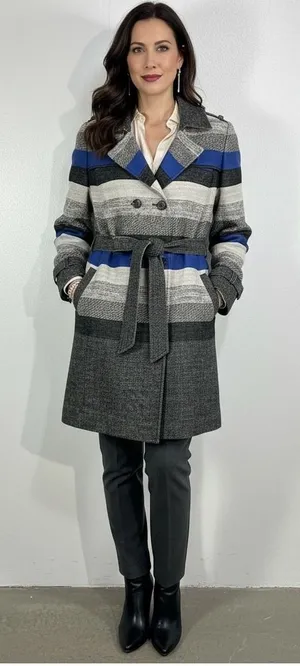 Classiques Entier Womens Wool Blend Belted Double Breasted Stripe Trench Coat‎ L thumbnail 1