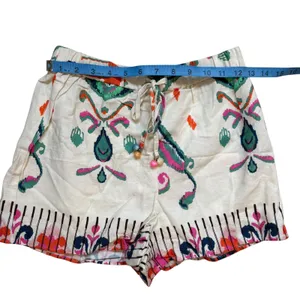 Zara Linen Print Shorts Boho Pom Pom‎ Drawstring Waist Casual Summer XS thumbnail 5