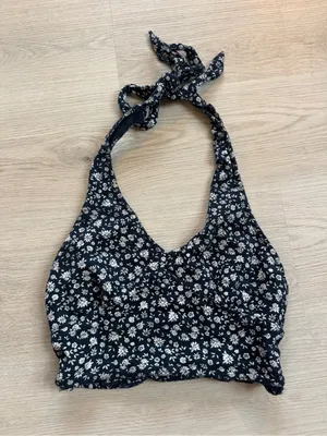 American Eagle Outfitters Black Floral Halter Crop Top thumbnail 1