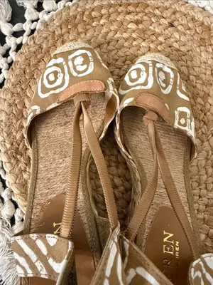 Lauren‎ Ralph Lauren Tan White Batik Print Espadrille Wedge Sandals Size 6.5 thumbnail 5