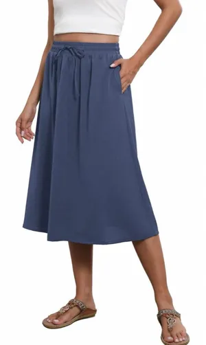 NEW Blue Flowy Elastic High Waist Pockets Midi Skirt L thumbnail 1