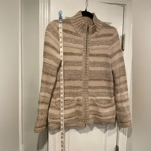 L.L. Bean Tan Striped Cotton Mock Neck Full Zip Knit Cardigan Sweater Size S P thumbnail 8