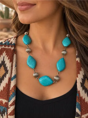 Southwestern Faux Turquoise Statement Necklace w/ Silver Accents PRETTY thumbnail 1