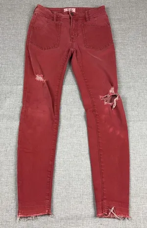 We The Free Jeans Womens 26 Red Mid Rise Skinny Distressed Fringe Hem Denim thumbnail 1