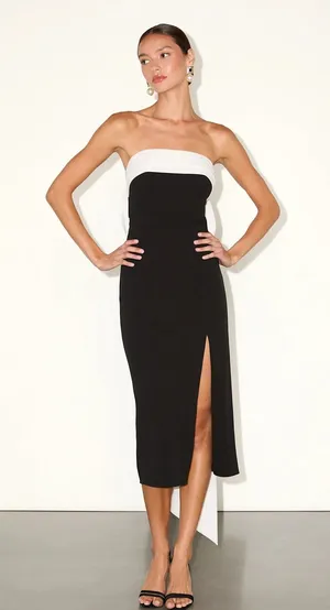 NWOT Lulu's Fabulous Phenomenon Black White Strapless Bow Midi Dress Size Small thumbnail 1