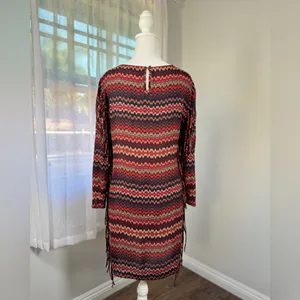 Zara Multicolored Zigzag Print Fringed Long Sleeve Midi Dress thumbnail 6