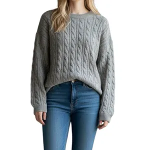 H&M Gray Cable Knit Oversized Crewneck Sweater Womens Size Small Cozy Fuzzy Wool thumbnail 3