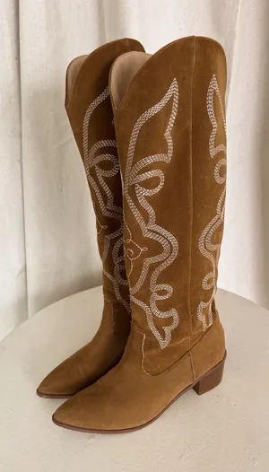 Chase and Chloe Suede Western Knee-High Boots in Brown thumbnail 1