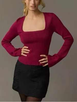 Maeve by Anthropologie‎ NWT Square Neck Bell Sleeve Sweater Raspberry Sparkle M thumbnail 1