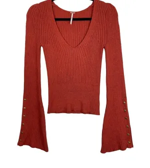 Free People Viola Rust Knit Sweater Top Studded Bell Sleeves Boho thumbnail 3