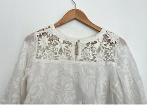 Champagne & Strawberry Floral Blouse Boho Sheer Flowy Lace Top Bell Sleeves L thumbnail 6