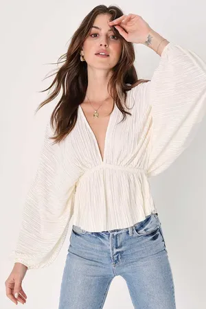 Lulus Radiant Flirt Ivory Satin Plisse Long Sleeve Top thumbnail 1