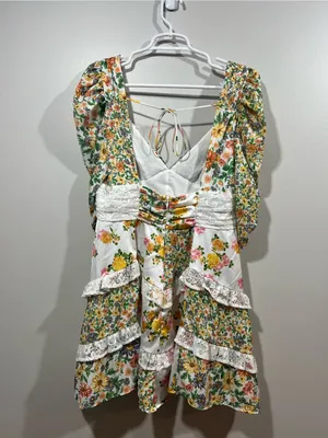 For Love & Lemons Rosalyn Yellow and Green Floral Lace-Trim Mini Dress Large thumbnail 6