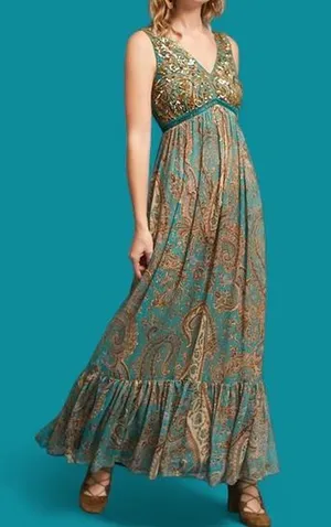 Ranna Gill for Anthropologie teal and gold beaded paisley maxi dress thumbnail 1