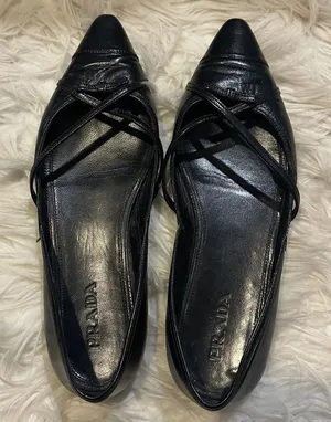 Prada Black Leather Criss-Cross Pointed Flats with Bow – Size 36.5 (Fits Like 7) thumbnail 1