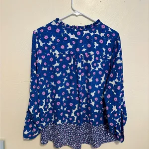 Elle Blue Floral Boho Blouse XL Tie Neck Long Sleeve thumbnail 9