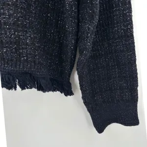 MNG Women Navy Blue‎ Metallic Tweed Knit Fringe Sweater Pullover Top Size Large thumbnail 6