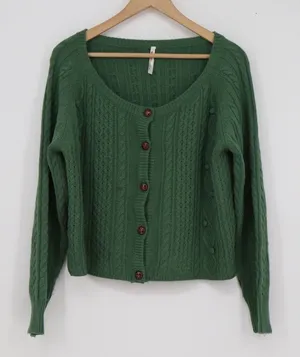 Momo Wonder Rocket Green Cable Knit Button Front Cardigan Sweater Bobble Detail thumbnail 1