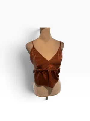 Mi Ami Copper/Bronze Satin V-Neck Spaghetti Strap Camisole. Flattering thumbnail 5