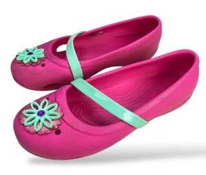 Crocs Womens J3 Pink Mary Jane Flats Mint Green Strap Flower Detail SKU-A31 thumbnail 1