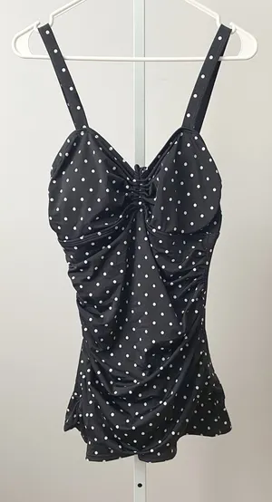 Septangle‎ Retro L Black Polka Dot Swimdress Ruched One Piece Swimsuit VTG Style thumbnail 1