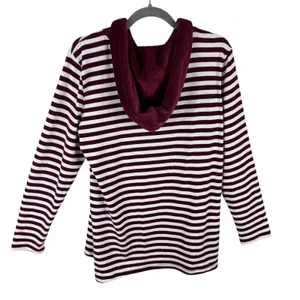 Denim‎ & Co Burgundy Cream Striped Cowl Hooded Knit Velour Pullover Top Medium thumbnail 2