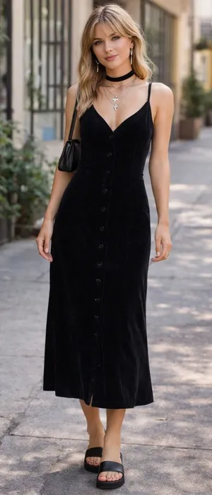 Vintage 90s Size 2 Dress Whimsigoth Velvet Button Up Black Midi Fit Flare Grunge thumbnail 1