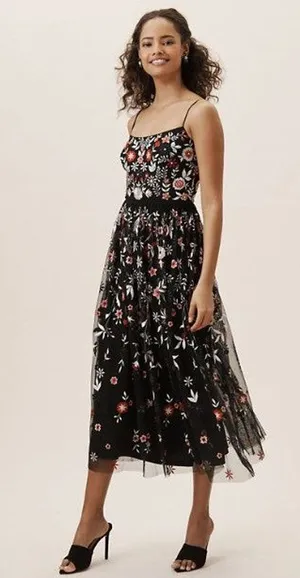 Modcloth Black Floral Tulle Embroidered Sleeveless A Line Midi Dress Size S thumbnail 1
