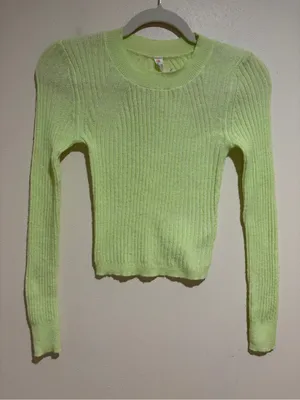 Anthropologie Daily Practice Wool Blend Cropped Ribbed Fitted Sweater Neon Green thumbnail 3