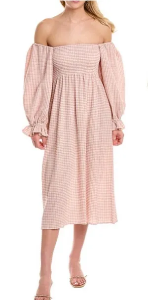 REVOLVE x O.P.T. Athena Smocked Pink Gingham Ruffle Midi Dress Milkmaid Size S thumbnail 1