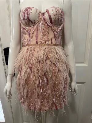 BELLA BARNETT Strapless Pink Sequin & Feather Cocktail Dress Size Small thumbnail 6