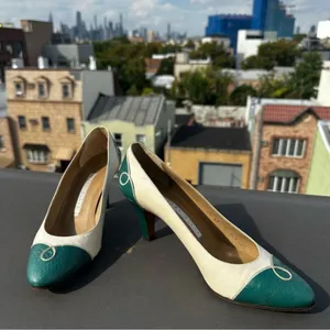 Vintage Perry Ellis Green White Leather Heels Size 7 Pointed Toe Retro Western thumbnail 2