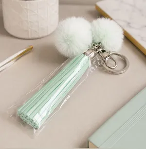 Mint Green Faux Fur Pom Pom Tassel Keychain | Double Pom Bag Charm thumbnail 1