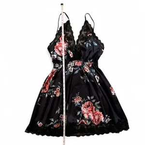 Floral Lace Satin Chemise Nightdress – Black Rose Print – Size S thumbnail 5