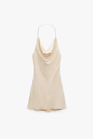 ZARA Satin Like Beige Tan Stones Party Cocktail Wedding Mini Dress thumbnail 5