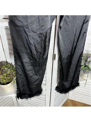 Vintage Y2K black satin pants faux fur ankles wide leg elastic waist whimsigoth thumbnail 3