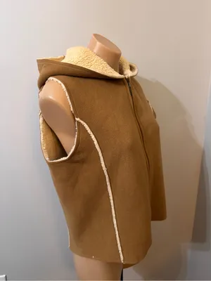 Lauren Ralph Lauren Vest Shearling Sherpa Medium Hood Brown Tan Suede Winter thumbnail 2